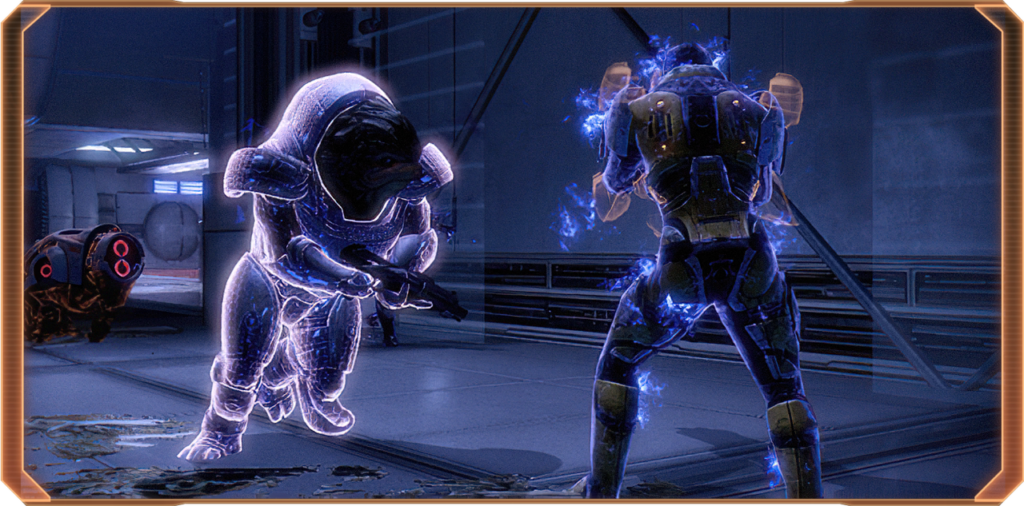 A krogan soldier charging towards a human enemy