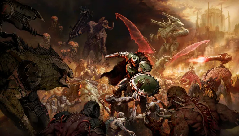 Doom Slayer uses the Shield Saw on hell spawns