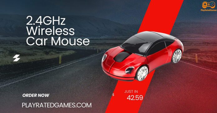 Red sports car-style wireless computer mouse with LED headlights