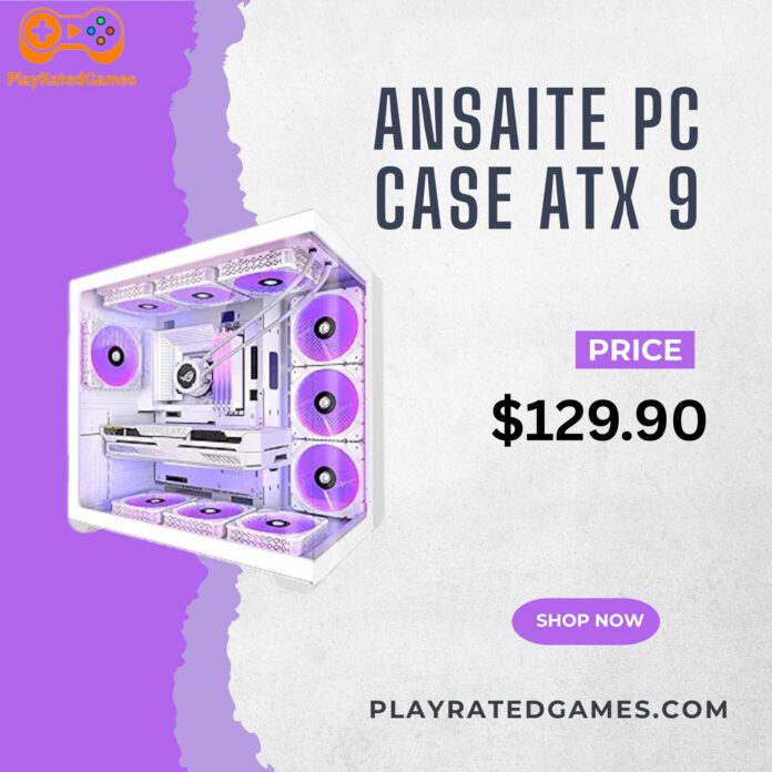 ANSAITE W9 White Mid-Tower PC Case with 9 ARGB Fans and Tempered Glass White ANSAITE W9 mid-tower gaming PC case with 9 pre-installed ARGB fans and tempered glass panels.