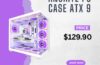 White ANSAITE W9 mid-tower gaming PC case with 9 pre-installed ARGB fans and tempered glass panels.