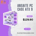 White ANSAITE W9 mid-tower gaming PC case with 9 pre-installed ARGB fans and tempered glass panels.