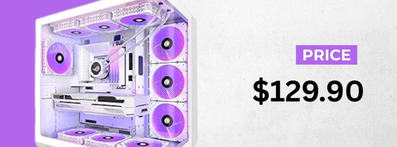 White ANSAITE W9 mid-tower gaming PC case with 9 pre-installed ARGB fans and tempered glass panels.