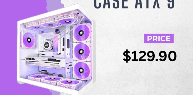 White ANSAITE W9 mid-tower gaming PC case with 9 pre-installed ARGB fans and tempered glass panels.