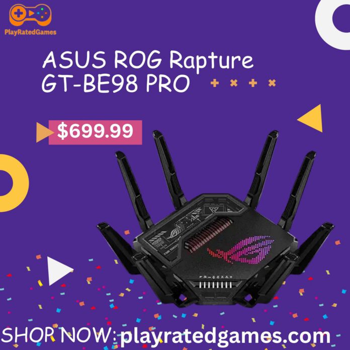 ASUS ROG Rapture GT-BE98 PRO – Ultimate WiFi 7 Gaming Router ASUS ROG Rapture GT-BE98 PRO Quad-Band WiFi 7 Gaming Router with 8 antennas and sleek black design