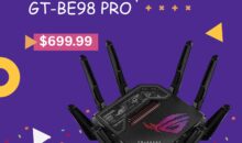 ASUS ROG Rapture GT-BE98 PRO Quad-Band WiFi 7 Gaming Router with 8 antennas and sleek black design
