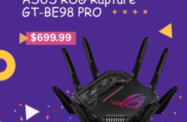 ASUS ROG Rapture GT-BE98 PRO Quad-Band WiFi 7 Gaming Router with 8 antennas and sleek black design