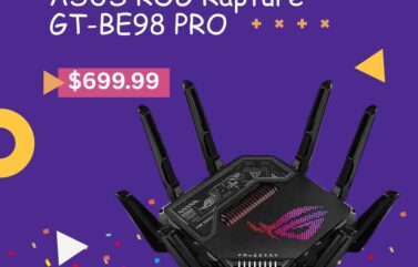ASUS ROG Rapture GT-BE98 PRO Quad-Band WiFi 7 Gaming Router with 8 antennas and sleek black design