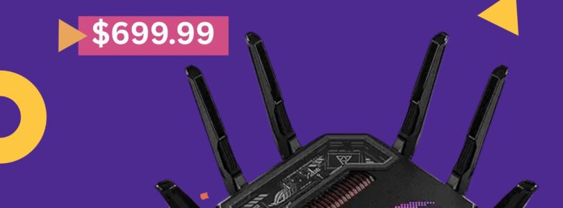 ASUS ROG Rapture GT-BE98 PRO Quad-Band WiFi 7 Gaming Router with 8 antennas and sleek black design