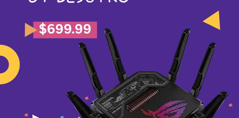 ASUS ROG Rapture GT-BE98 PRO Quad-Band WiFi 7 Gaming Router with 8 antennas and sleek black design