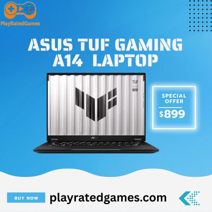 ASUS TUF Gaming A14 Copilot+ PC Gaming Laptop in Jaeger Gray with 14-inch 165Hz display and RTX 4050 GPU.
