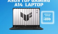 ASUS TUF Gaming A14 Copilot+ PC Gaming Laptop in Jaeger Gray with 14-inch 165Hz display and RTX 4050 GPU.
