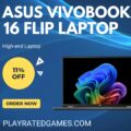 ASUS Vivobook 16 Flip Laptop in Matte Gray with 16-inch OLED touchscreen open in tent mode