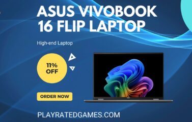 ASUS Vivobook 16 Flip Laptop in Matte Gray with 16-inch OLED touchscreen open in tent mode