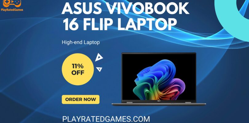ASUS Vivobook 16 Flip Laptop in Matte Gray with 16-inch OLED touchscreen open in tent mode
