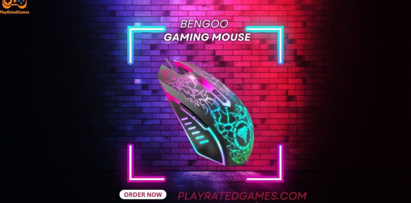 Black ergonomic BENGOO wireless gaming mouse with RGB lights and six buttons.