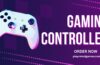 Midnight Black gaming controller with purple-pink lighting on a dark gradient background promoting a controller from PlayRatedGames.