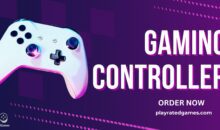 Midnight Black gaming controller with purple-pink lighting on a dark gradient background promoting a controller from PlayRatedGames.