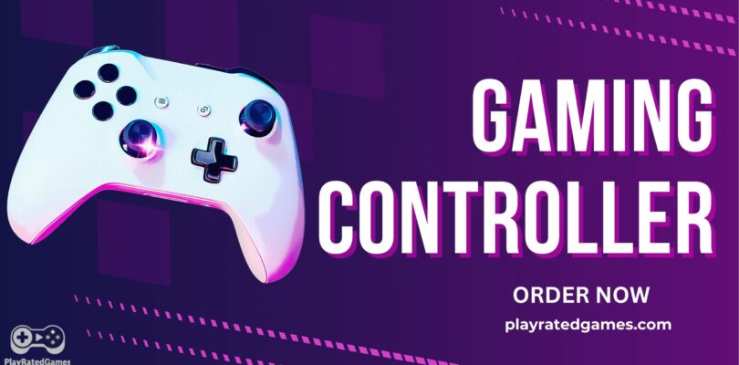 Midnight Black gaming controller with purple-pink lighting on a dark gradient background promoting a controller from PlayRatedGames.