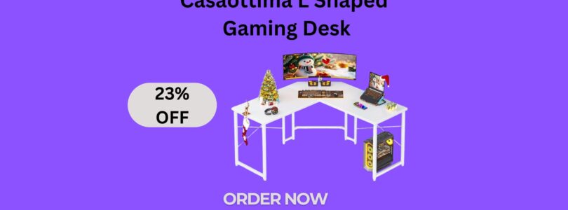 TIQLAB 40 Inch L-Shaped Black Computer Desk with Reversible Shelves and Built-in Power Outlets