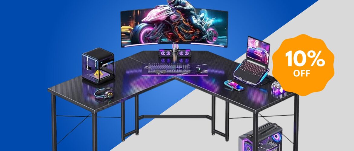 Casaottima L Shaped Gaming Desk with Carbon Fiber Surface in Black – 51 Inch Corner Computer Table for Home Office or Gaming Setup