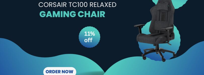 Corsair TC100 Relaxed Gaming Chair in gray and black fabric with lumbar and neck pillows