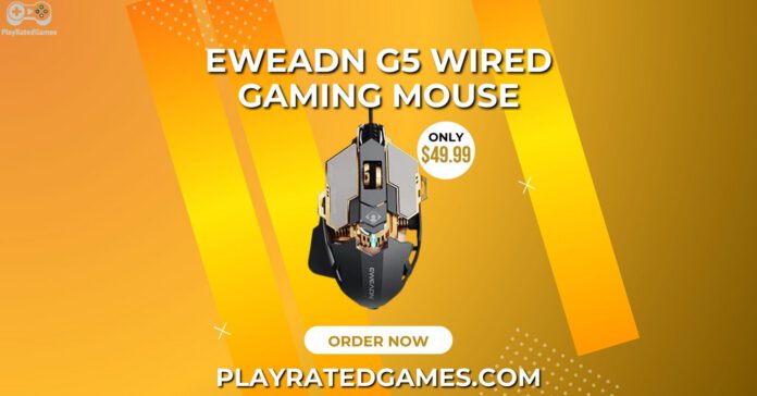 EWEADN G5 Wired Gaming Mouse in Black and Gold with ergonomic design, RGB lighting, and 9 programmable buttons.