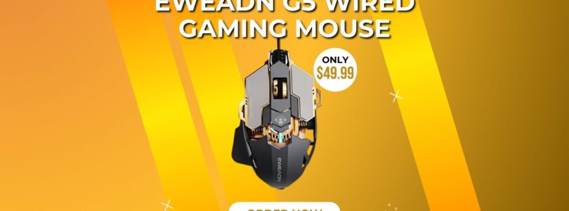 EWEADN G5 Wired Gaming Mouse in Black and Gold with ergonomic design, RGB lighting, and 9 programmable buttons.