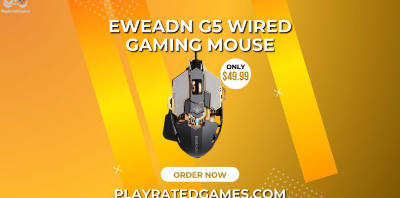 EWEADN G5 Wired Gaming Mouse in Black and Gold with ergonomic design, RGB lighting, and 9 programmable buttons.