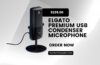 Elgato Wave:3 USB Condenser Microphone in black on desktop stand with accessories