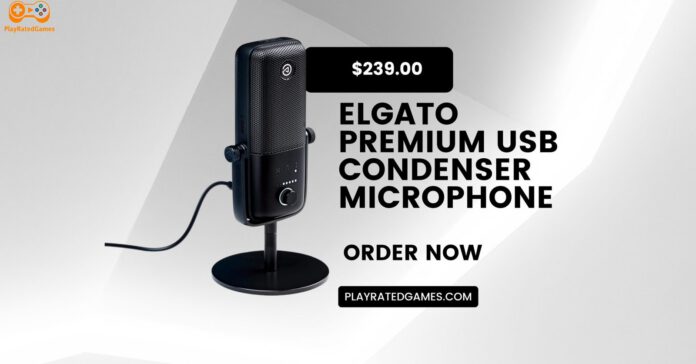 Elgato Wave:3 USB Condenser Microphone in black on desktop stand with accessories