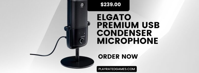 Elgato Wave:3 USB Condenser Microphone in black on desktop stand with accessories