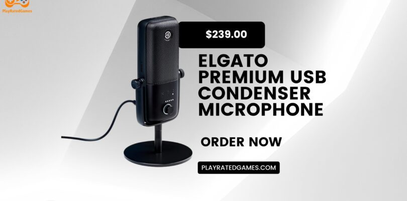 Elgato Wave:3 USB Condenser Microphone in black on desktop stand with accessories