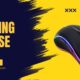 RGB gaming mouse with side buttons and scroll wheel lighting on a vibrant yellow and dark blue background promoting a product from PlayRatedGames.