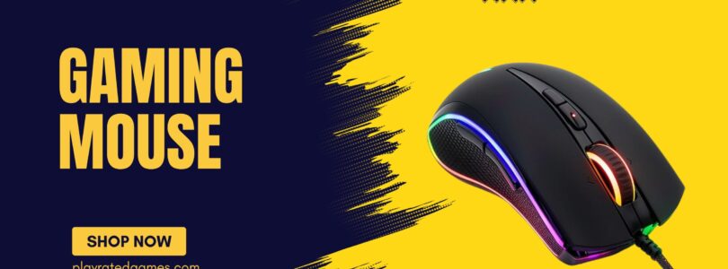 RGB gaming mouse with side buttons and scroll wheel lighting on a vibrant yellow and dark blue background promoting a product from PlayRatedGames.