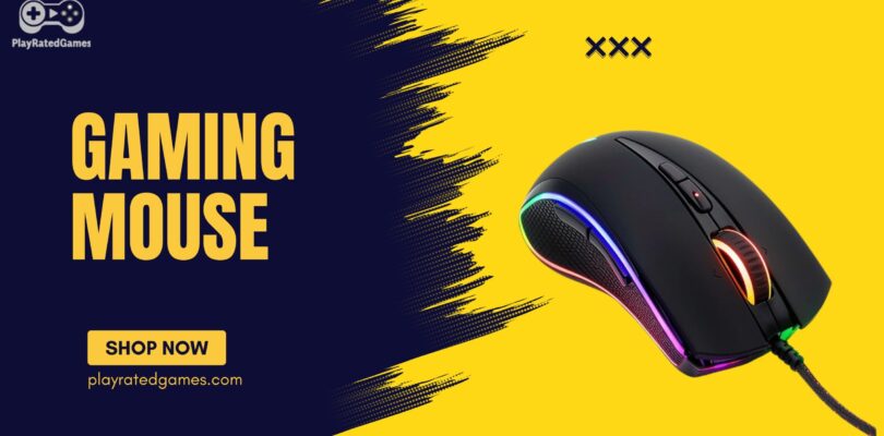 RGB gaming mouse with side buttons and scroll wheel lighting on a vibrant yellow and dark blue background promoting a product from PlayRatedGames.