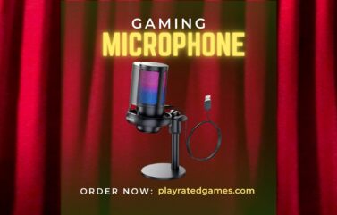 USB condenser microphone with RGB lighting on a tripod stand, pop filter, and shock mount setup for gaming or streaming.