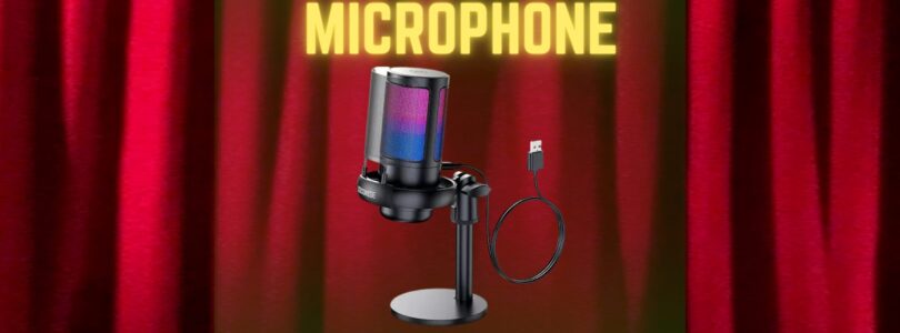 USB condenser microphone with RGB lighting on a tripod stand, pop filter, and shock mount setup for gaming or streaming.