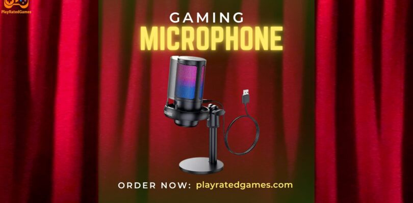 USB condenser microphone with RGB lighting on a tripod stand, pop filter, and shock mount setup for gaming or streaming.