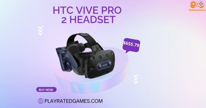 HTC Vive Pro 2 virtual reality headset with black design and adjustable head strap