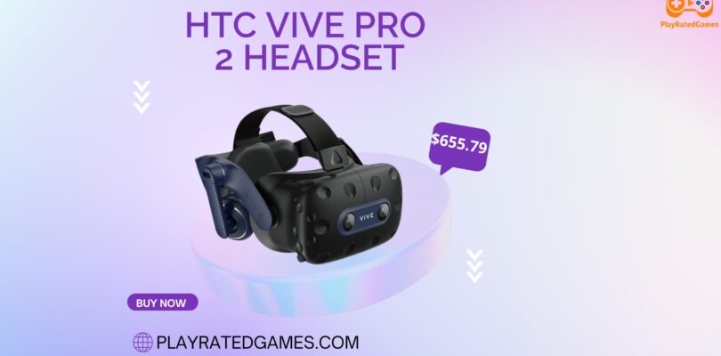 HTC Vive Pro 2 virtual reality headset with black design and adjustable head strap