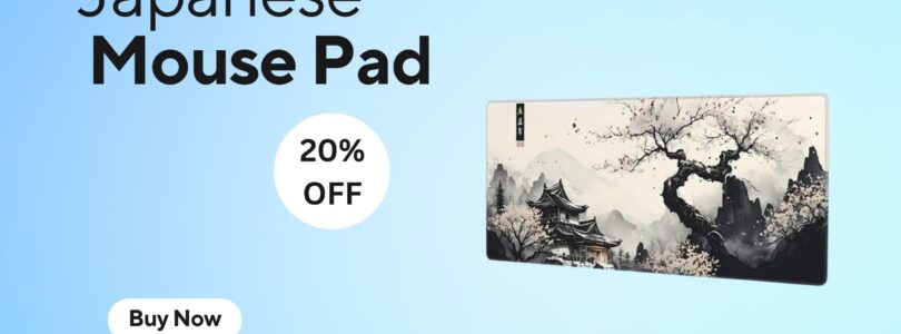 Extended black mouse pad with Japanese Kanagawa wave design and stitched edges on a desk setup
