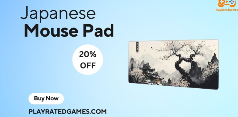 Extended black mouse pad with Japanese Kanagawa wave design and stitched edges on a desk setup
