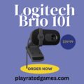 Logitech Brio 101 black webcam mounted on a desktop monitor, showing built-in mic and privacy shutter.