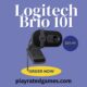 Logitech Brio 101 black webcam mounted on a desktop monitor, showing built-in mic and privacy shutter.