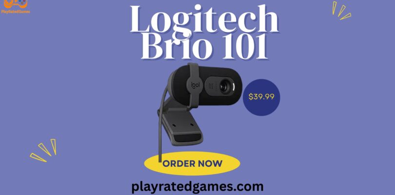 Logitech Brio 101 black webcam mounted on a desktop monitor, showing built-in mic and privacy shutter.