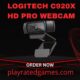 Logitech C920x HD Pro Webcam in black mounted on a monitor, showing its dual microphones and full HD lens.