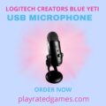 Logitech Blue Yeti USB Microphone in silver with desktop stand and USB cable