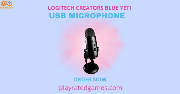 Logitech Blue Yeti USB Microphone in silver with desktop stand and USB cable