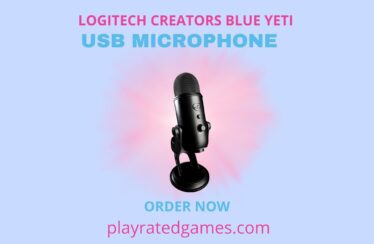 Logitech Blue Yeti USB Microphone in silver with desktop stand and USB cable